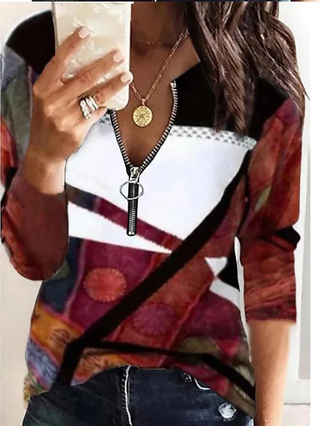 Women's Plus Size Shirt Blouse Graphic Color Block Black Red Fuchsia Quarter Zip Print Long Sleeve Casual Vintage V Neck Regular Fit Fall & Winter