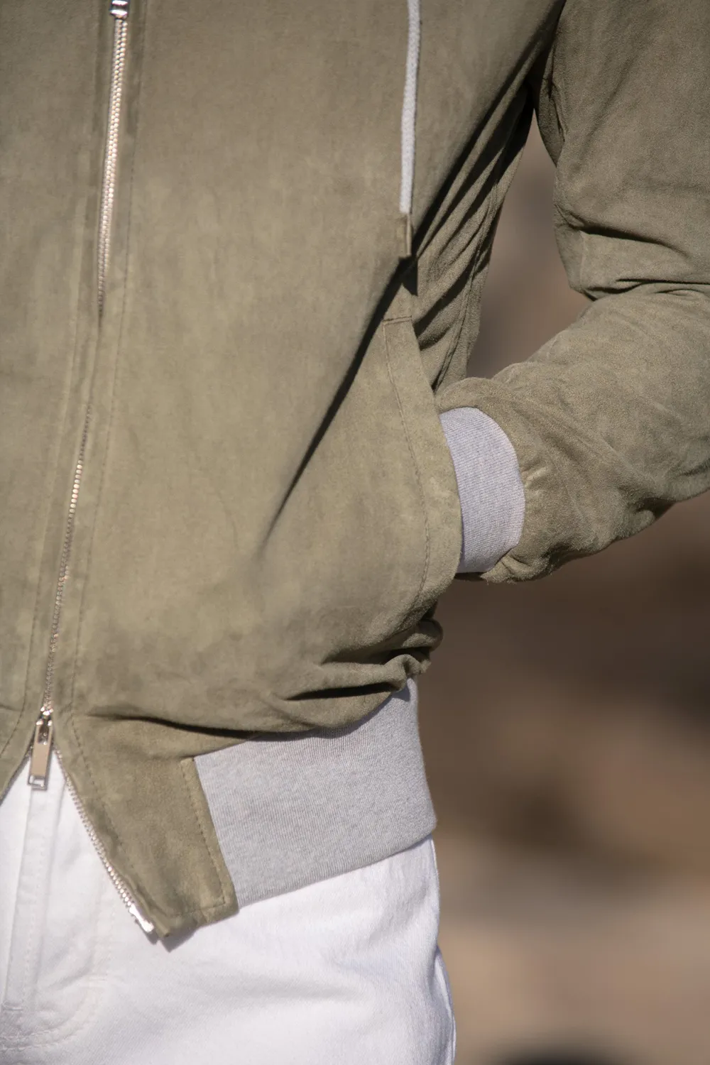 Sage Suede Hooded Bomber Jacket