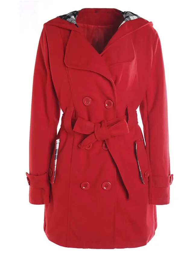 Women's Winter Coat Long Overcoat with Belt Elegant Pea Coat with Hood Double Breasted Warm Windproof Hoodie Jacket Fashion Daily Casual Outerwear Long Sleeve Black Wine Red S M L