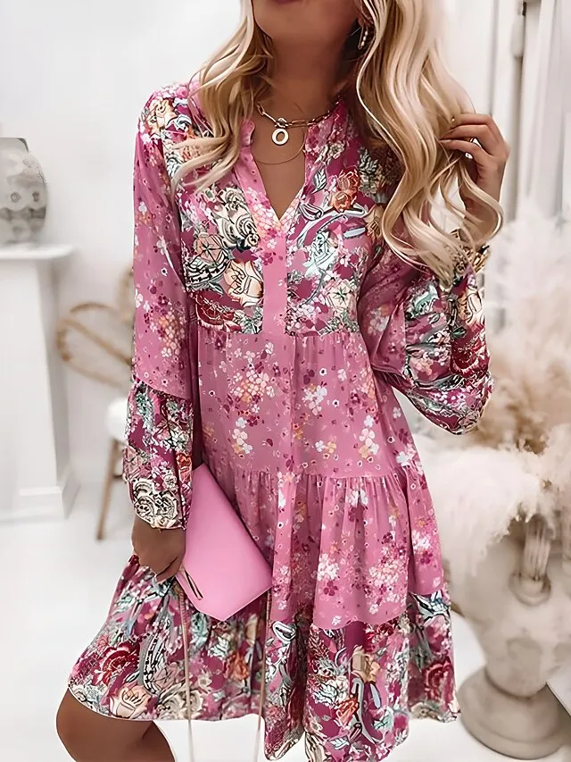 Women‘s Shift Dress Boho Dress Knee Length Dress Pink Long Sleeve Floral Ruffle Smocked Print Summer Spring V Neck Boho Casual Flare Cuff Sleeve 2023 4XL
