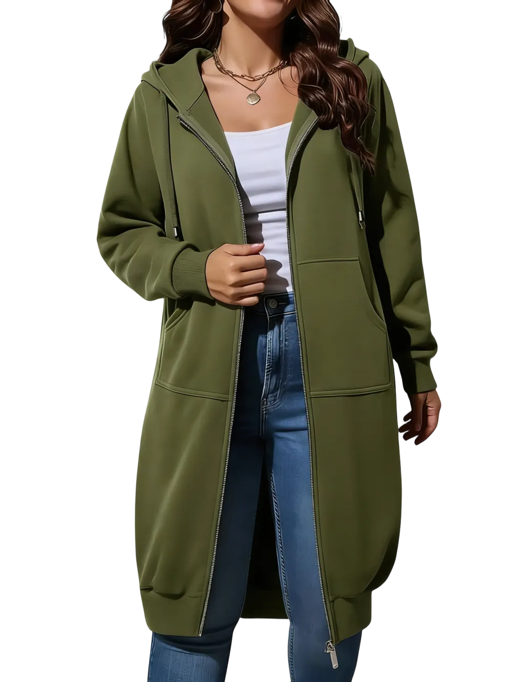 🧥 Women's Longline Zip-Up Fleece Hoodie