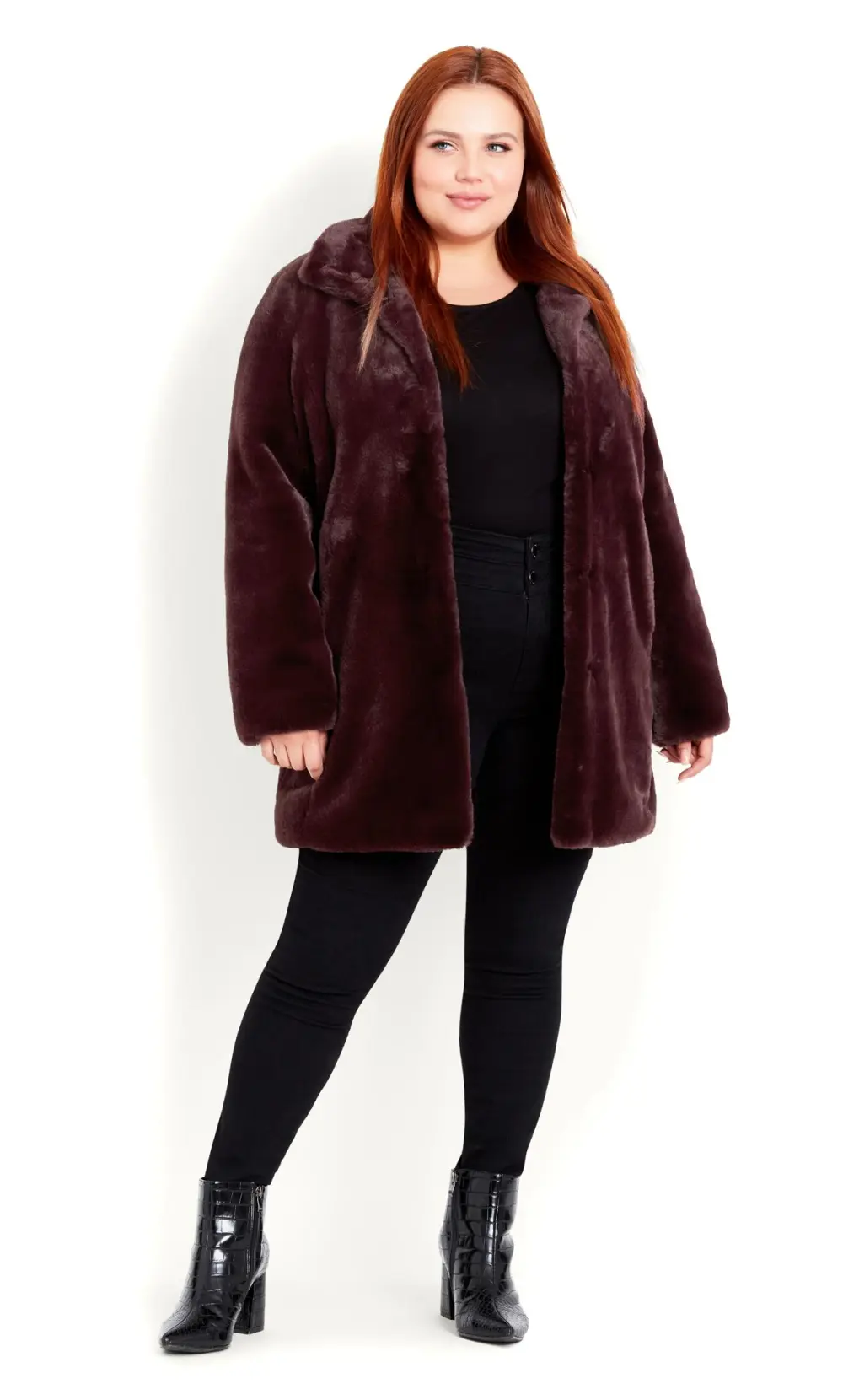 Evans Burgundy Red Faux Fur Coat