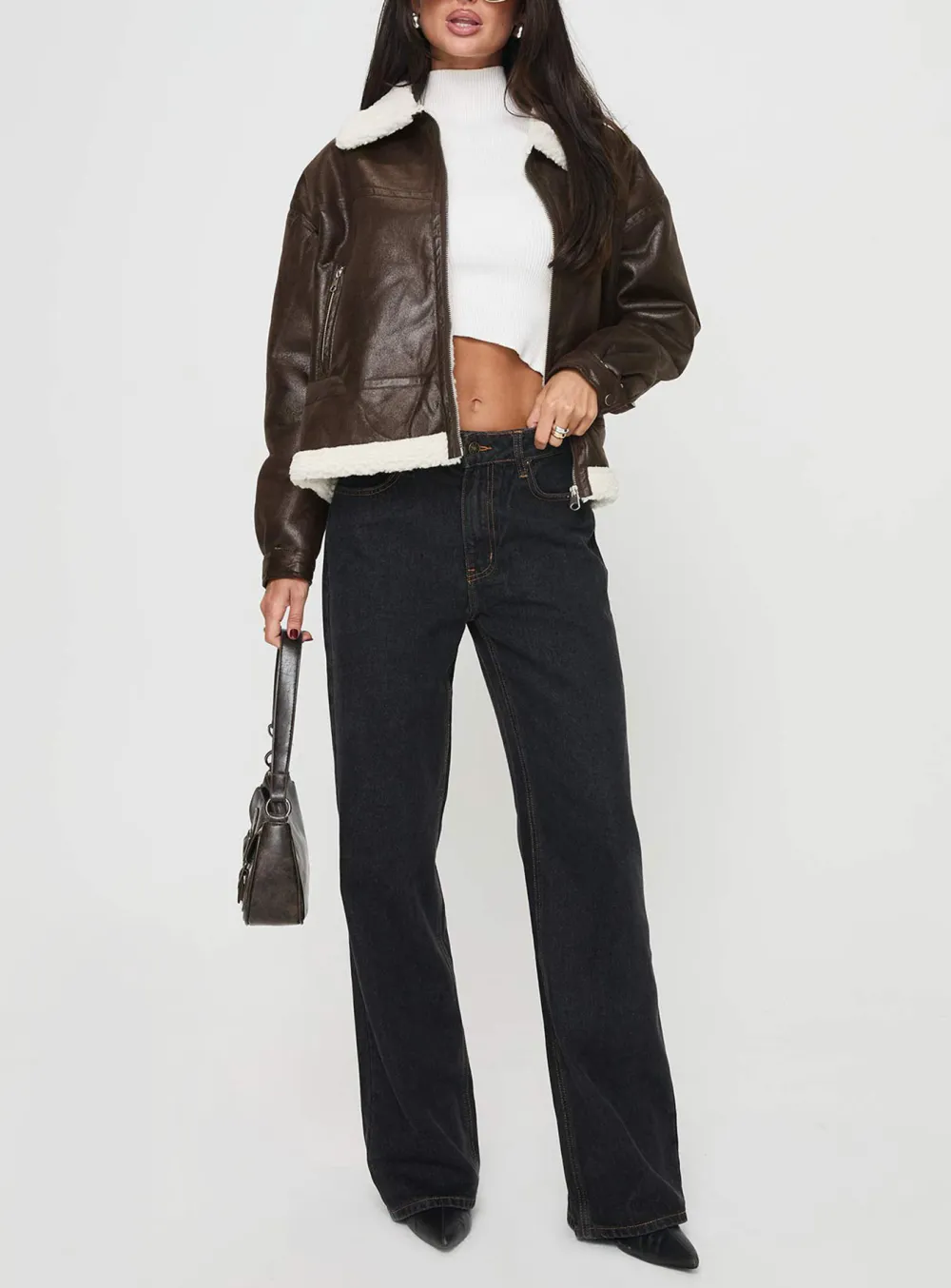 Brown Faux Leather Shearling Collar Jacket