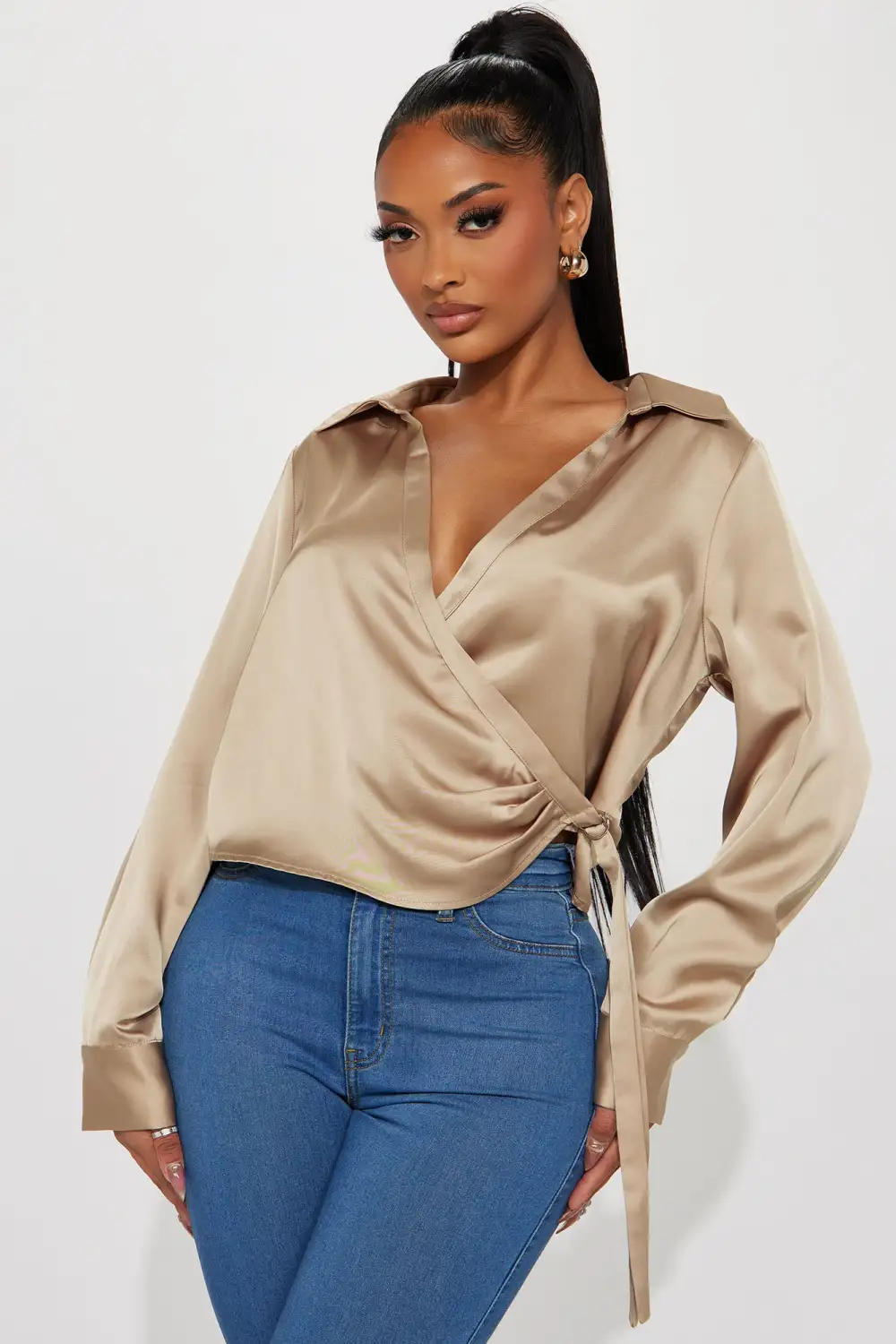 Zeal Satin Surplice Top - Taupe