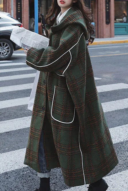 Vintange Plaid Front Pockets Long Hooded Coat