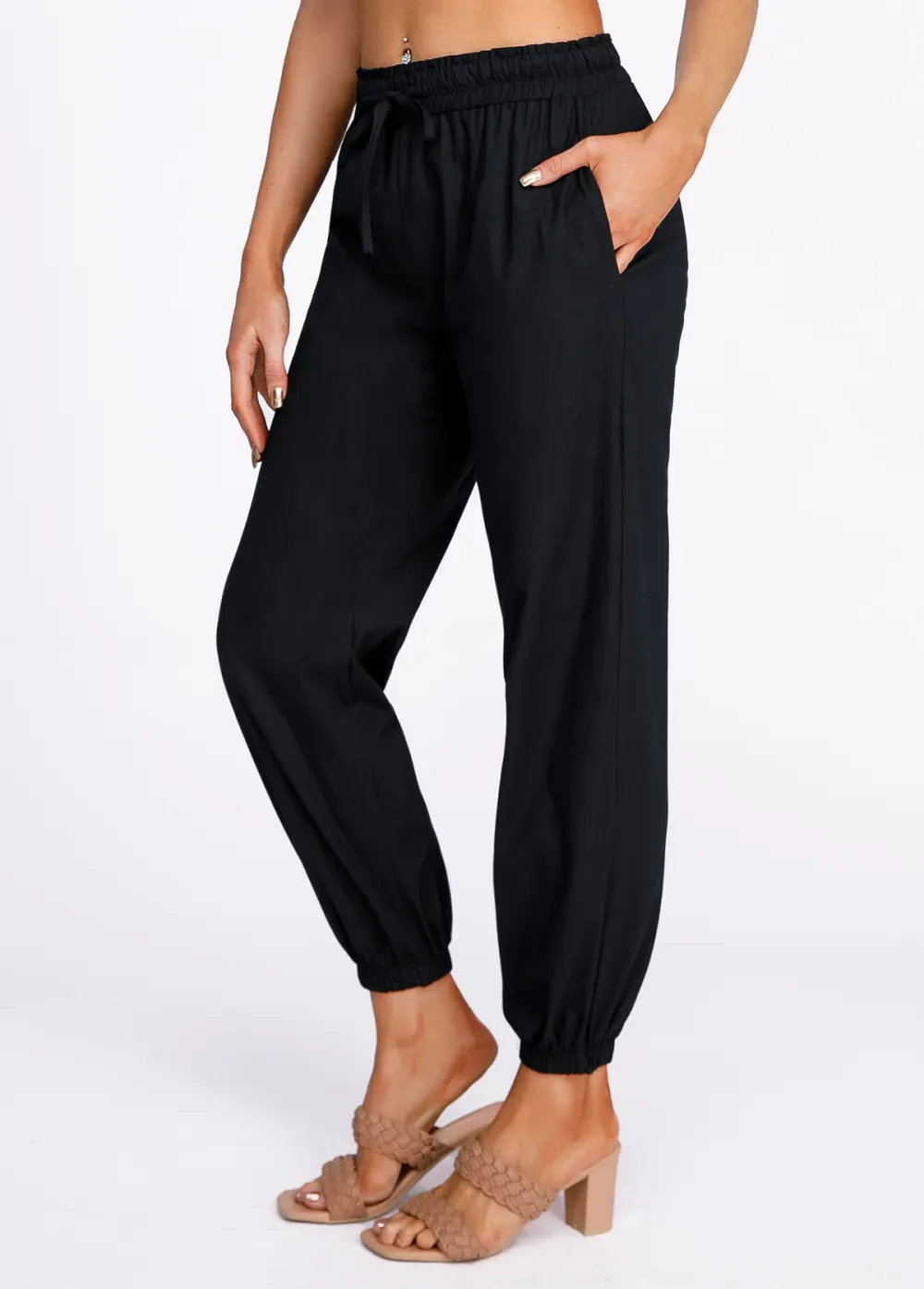 Black Drawstring Belted High Waisted Pants