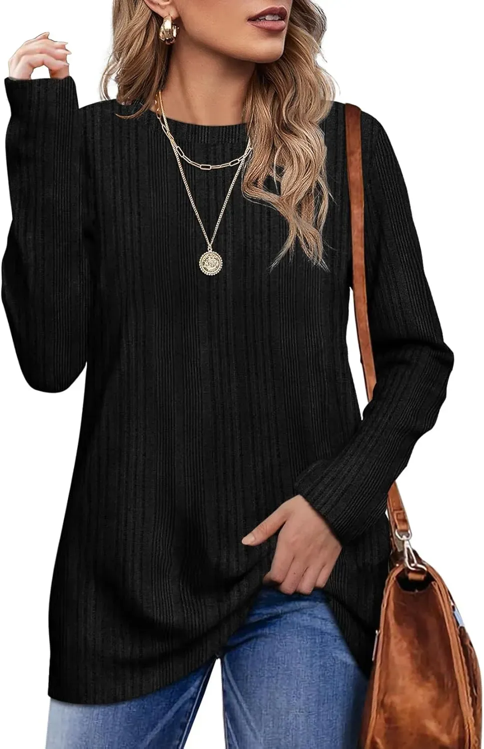 OFEEFAN Long Sleeve Shirts for Women Lightweight Crew Neck Casual Tunic Tops