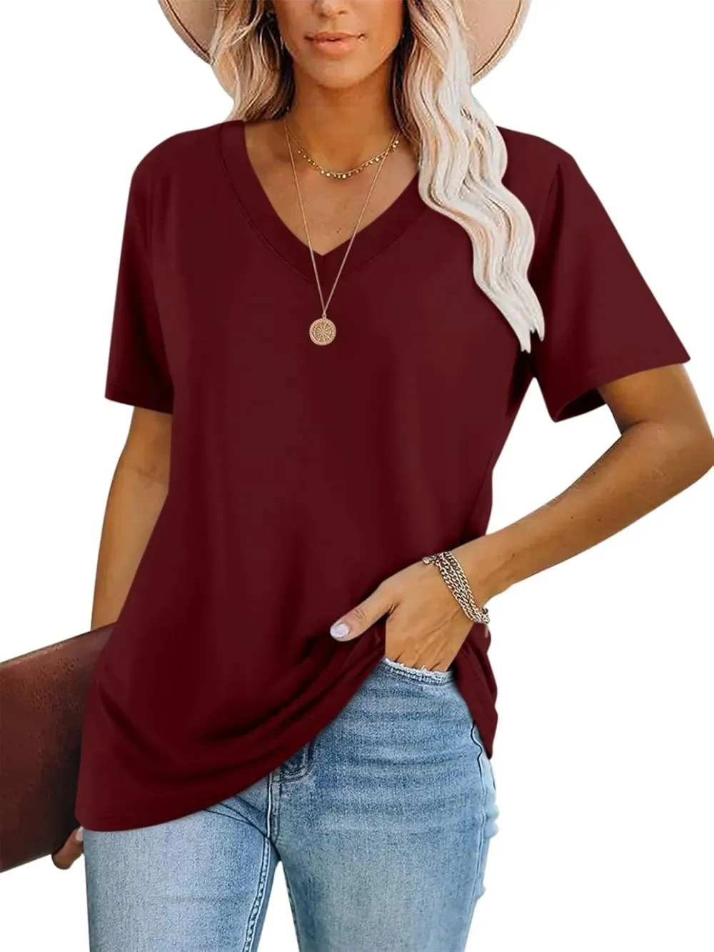 ORANDESIGNE Women's Color Block Short Sleeve T Shirts Casual V Neck Summer Tops Tees Loose Fit Blouses