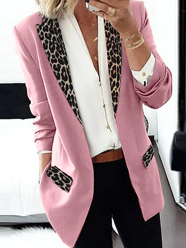 Women's Blazer Regular Print Coat Black Pink Wine Khaki Orange Casual Street Fall Open Front Turndown Regular Fit S M L XL XXL 3XL / Daily / Warm / Leopard
