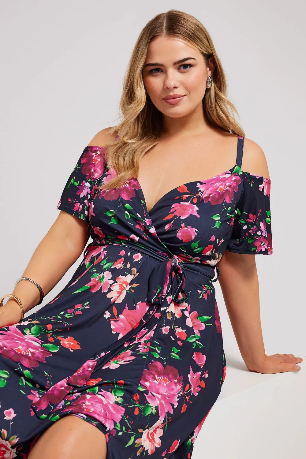 YOURS LONDON Curve Red & Blue Floral Bardot Maxi Dress