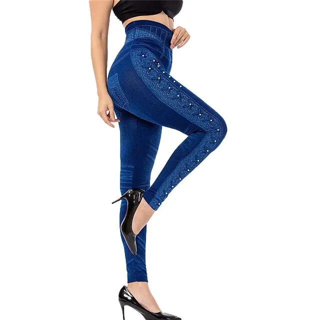 Women's Tights Leggings Jeggings Plain Tummy Control Butt Lift Ankle-Length Casual Weekend Faux Denim Fashion Skinny Black Blue High Waist High Elasticity