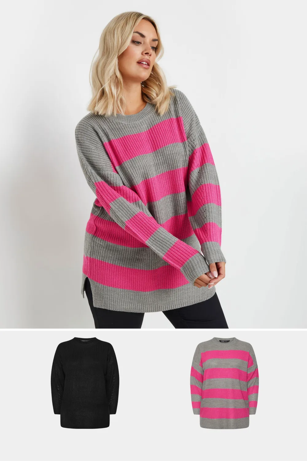 YOURS Curve 2 PACK Black & Grey Drop Shoulder Knitted Jumpers