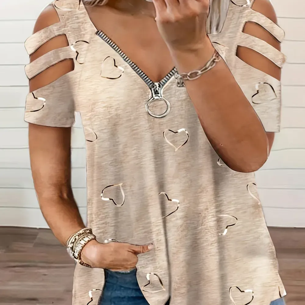 Plus Size Heart Print Zipper Short Sleeve Top, Women's Plus Slight Stretch V Neck Casual T-shirt