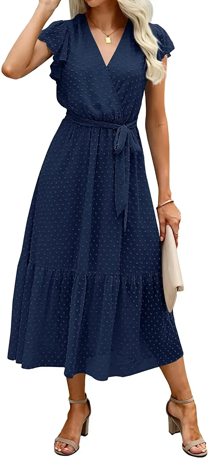 Women Summer Bohemian Floral Casual Wrap V Neck Ruffle Cap Sleeveless Belt A-Line Pleated Hem Swing Midi Sun Dress