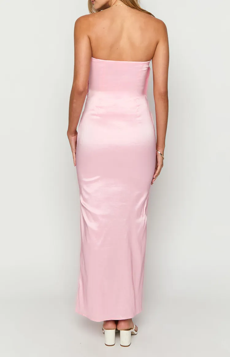 Pink Bow Front Satin Maxi Dress