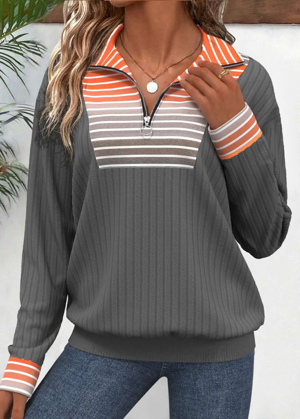 Orange Patchwork Striped Long Sleeve Turn Down Collar Sweatshirt