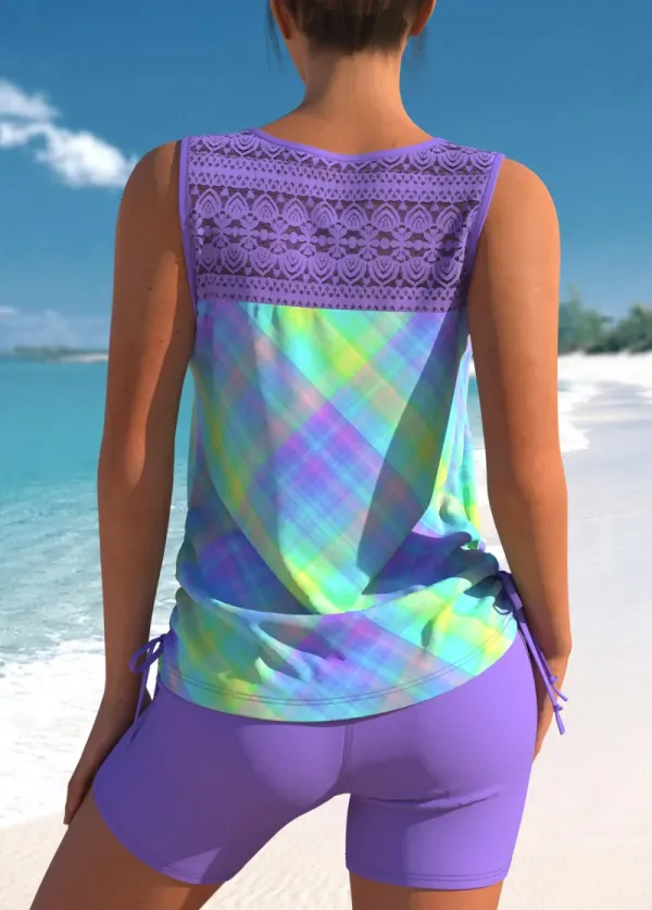 Ombre Lace Patchwork Light Purple Plaid Tankini Set