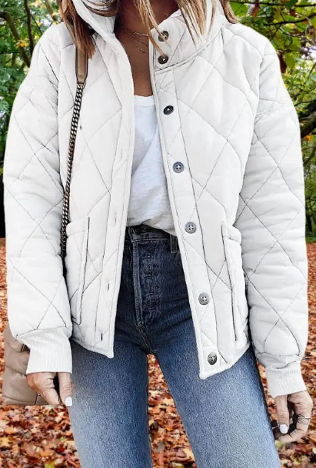 Women's Quilted Jacket Casual Stand Collar Button Coat