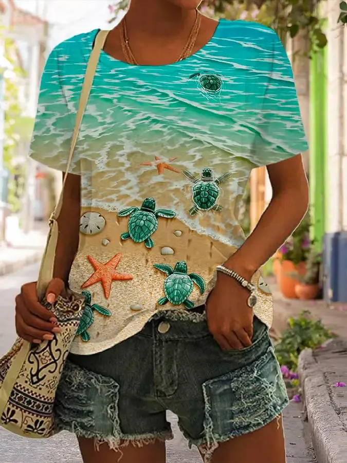 Women's Turtle Print Round Neck Casual T-Shirt