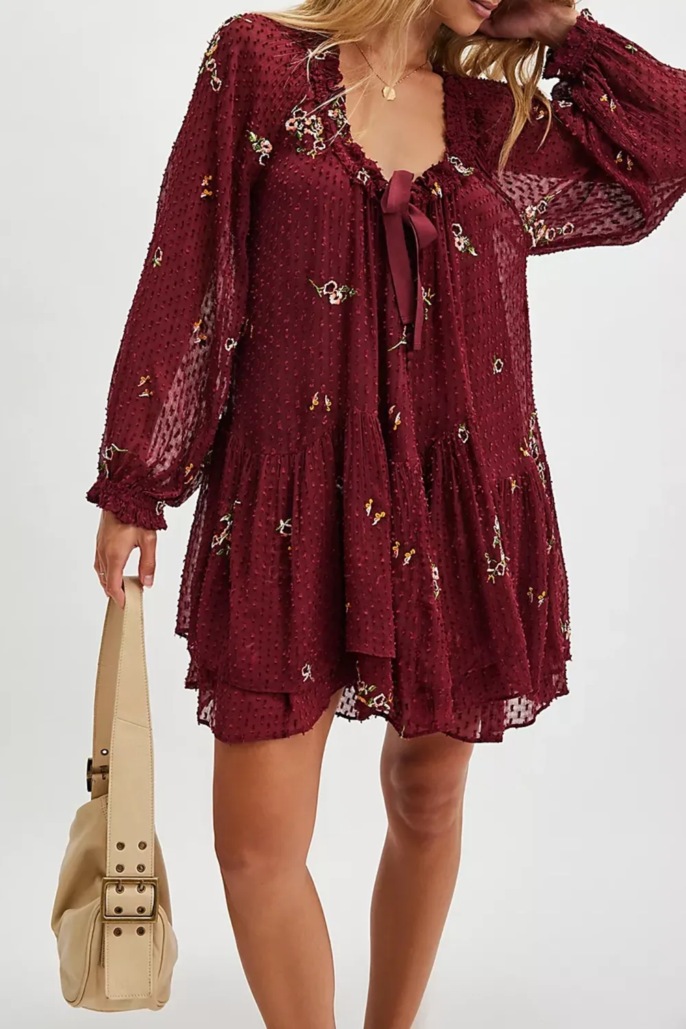 Tie Neck Flutter Sleeve Floral Mini Dress