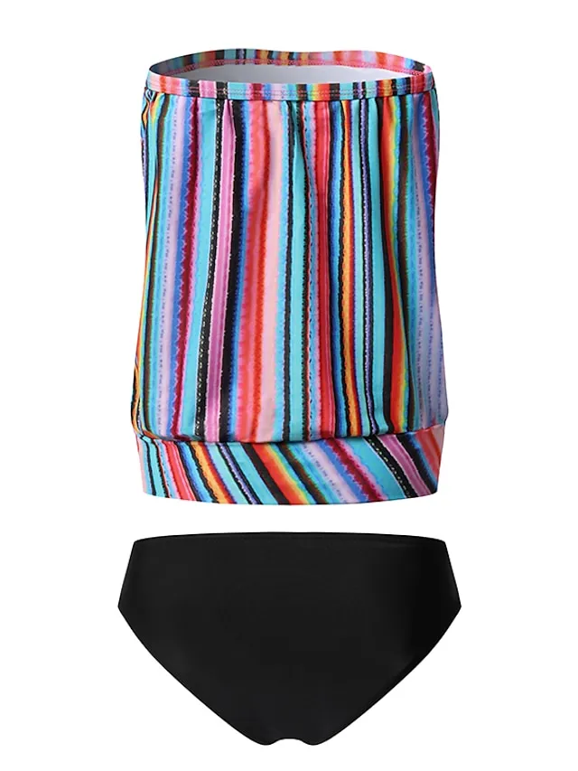 Women's Swimwear Tankini 2 Piece Plus Size Swimsuit 2 Piece Modest Swimwear Open Back Stripe Printing Striped Blue Tube Top Strapless Bathing Suits Sports Vacation Beach Wear