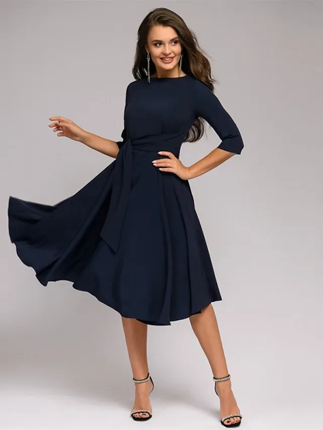 Women's A Line Dress Knee Length Dress Dark Green Navy Blue Beige 3/4 Length Sleeve Pure Color Lace up Fall Spring Round Neck Stylish Elegant Casual Party Slim 2023 S M L XL XXL