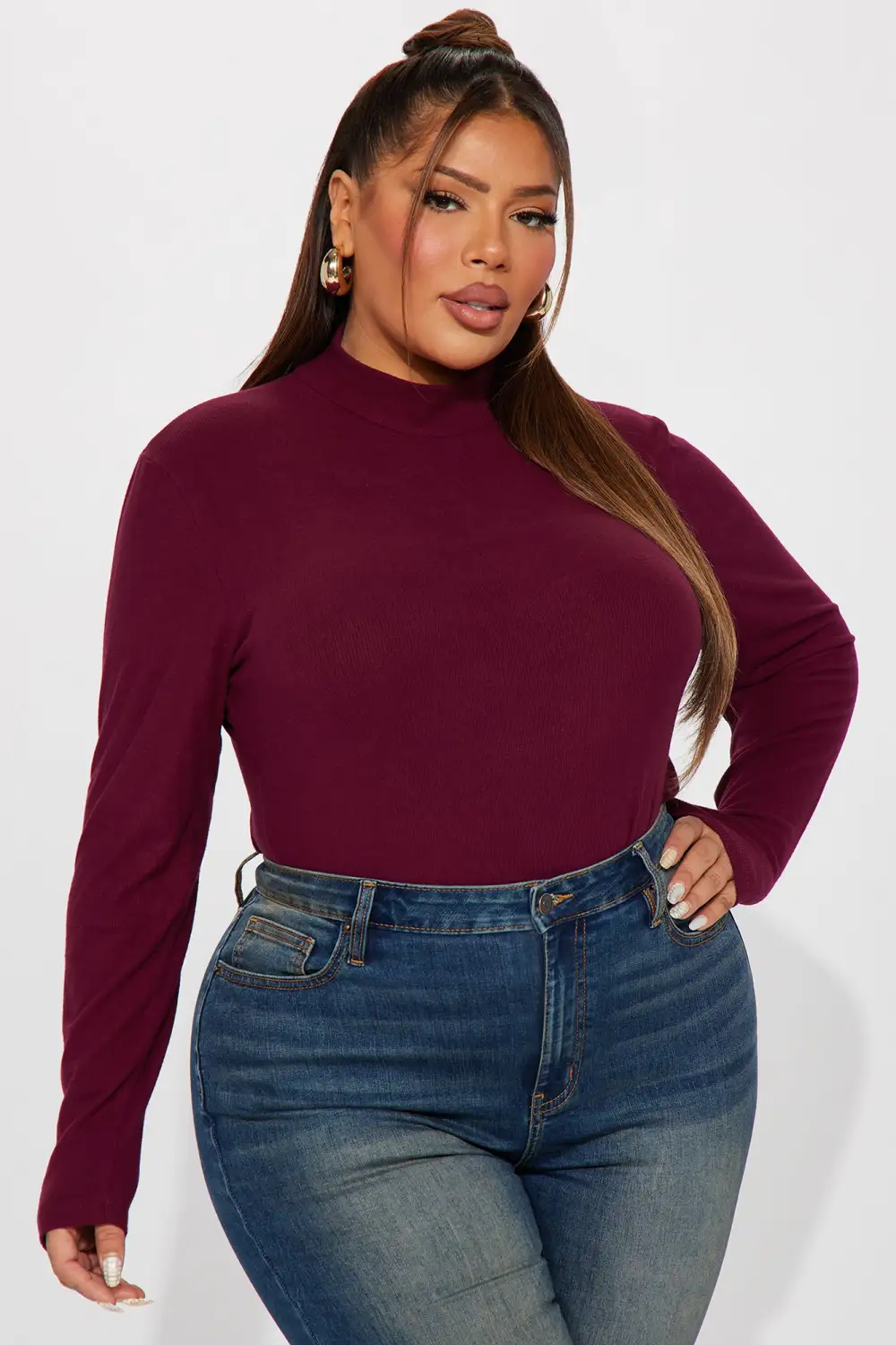 Ashlyn Ribbed Mock Neck Top - Burgundy