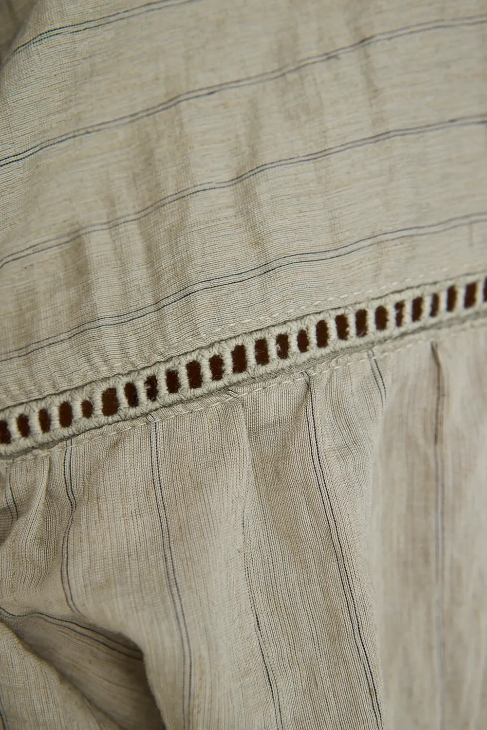 Khaki Stripe Lace Insert Linen Blouse