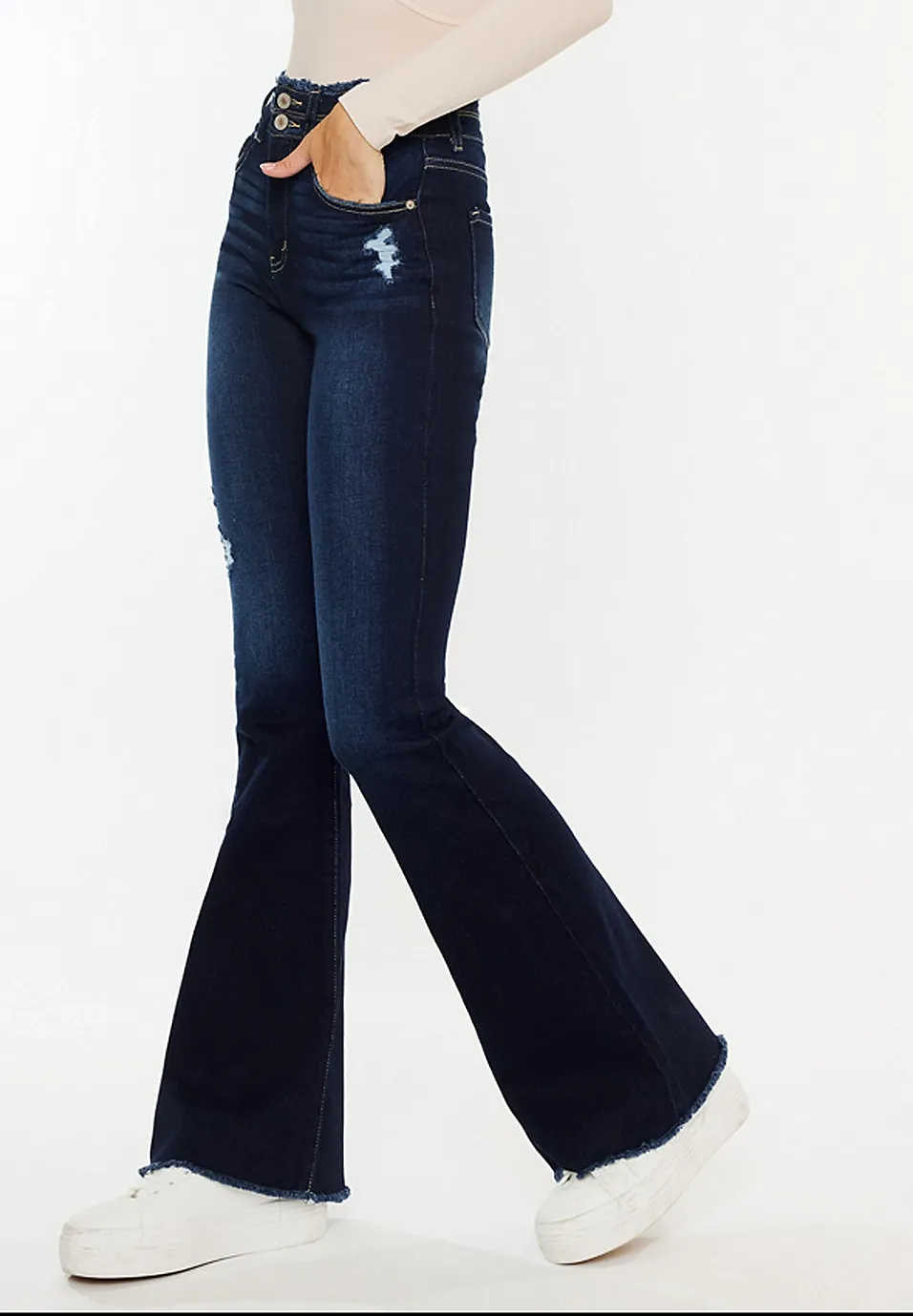 High Rise Double Button Fray Hem Flare Jean