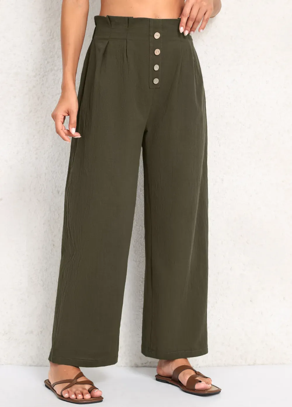 Olive Green Button Elastic Waist High Waisted Pants