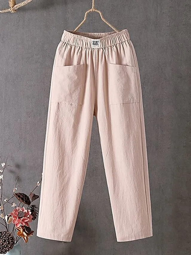 Women's Linen Pants Chinos Pants Trousers Cotton Solid Color Side Pockets Baggy Ankle-Length Micro-elastic Mid Waist Fashion Work Casual Black White M L Summer Spring &  Fall