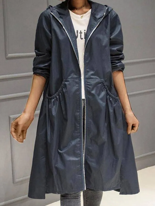 Women's Trench Coat Fall Windproof Outdoor Zipper Plain Maillard Fashion Regular Fit Outerwear Long Sleeve Black M