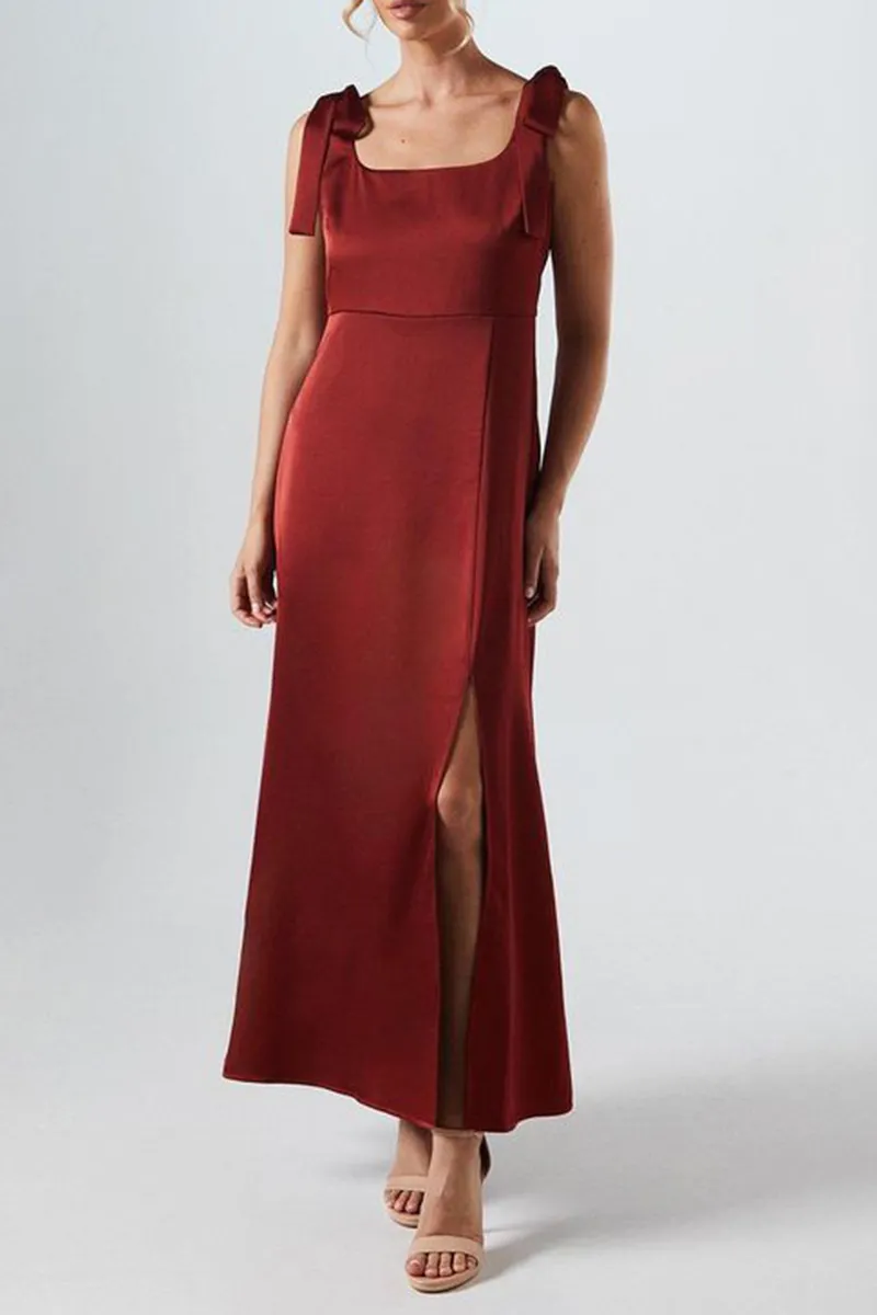 Casual Style Satin Tie Shoulder Dress
