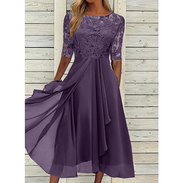 Women‘s Cocktail Party Dress Lace Dress Midi Dress Green Blue Purple Half Sleeve Floral Embroidery Lace Summer Spring Crew Neck Elegant Classic Wedding Guest 2023 S M L XL XXL 3XL