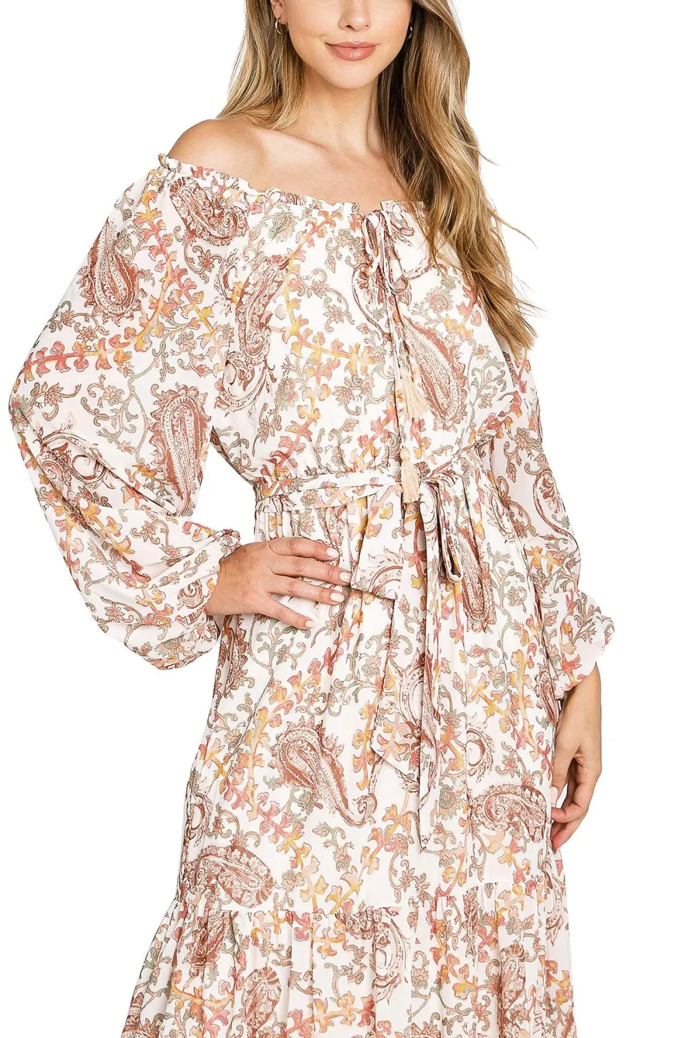 Beige Floral Long - Sleeve Maxi Dress