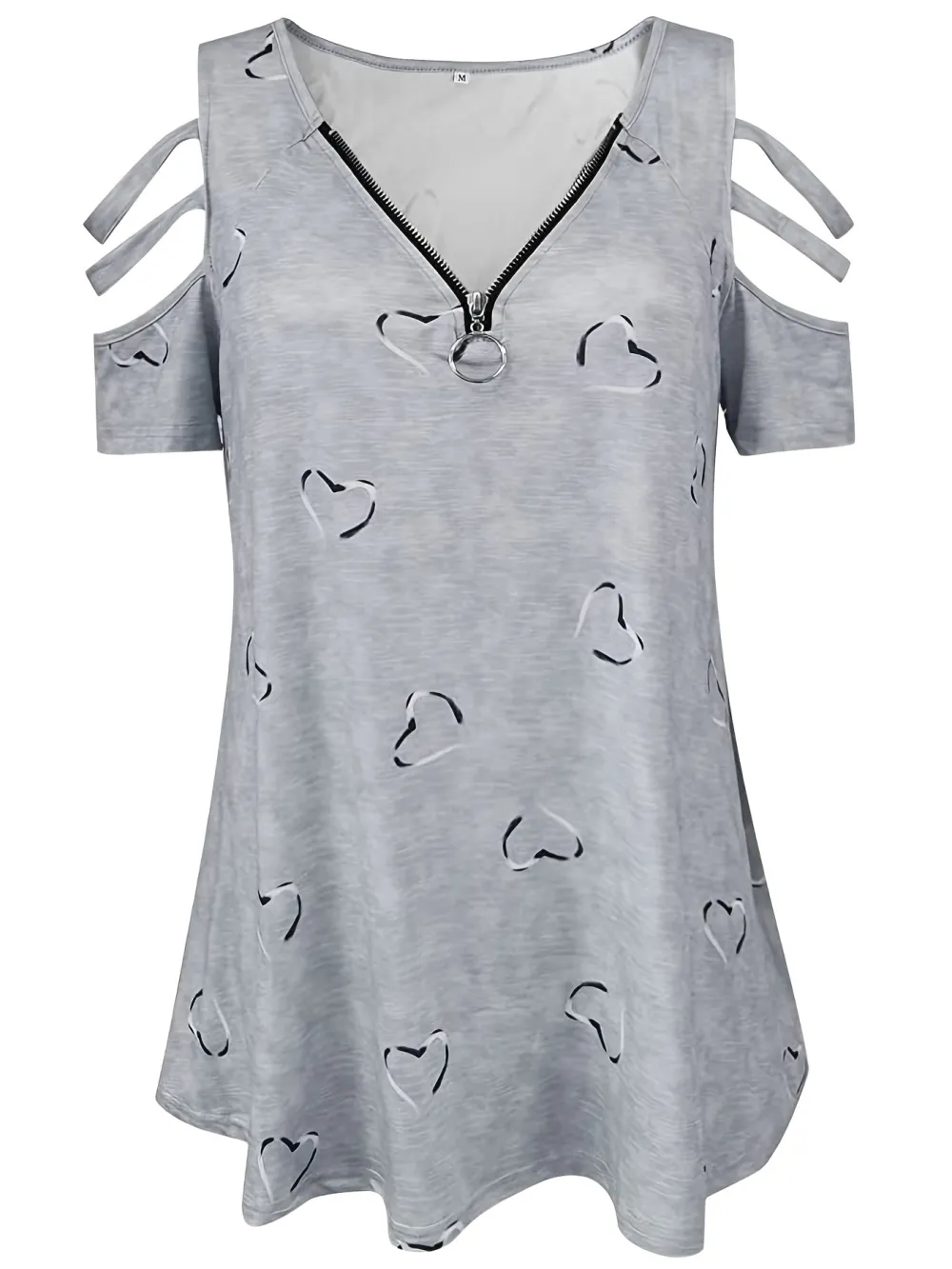 Plus Size Heart Print Zipper Short Sleeve Top, Women's Plus Slight Stretch V Neck Casual T-shirt