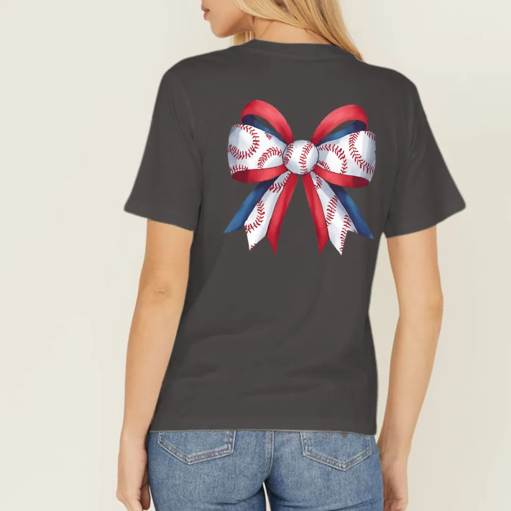 A Red, White And Blue Bow With A Baseball Stitch Pattern Printed On The White Part, A Casual T-Shirt.