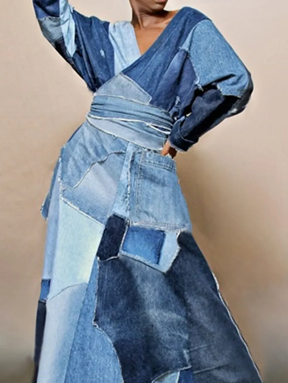 Elegant Colorblock Patchwork V Neck Raw Trim Maxi Dress