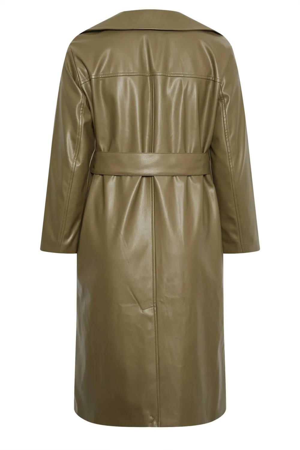 YOURS Curve Olive Green Faux Leather Trench Coat