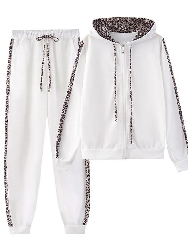 Women's Loungewear Sets Leopard Sport Casual Comfort Home Street Daily Polyester Breathable Hoodie Long Sleeve Hoodie Pant Spring Fall Black White