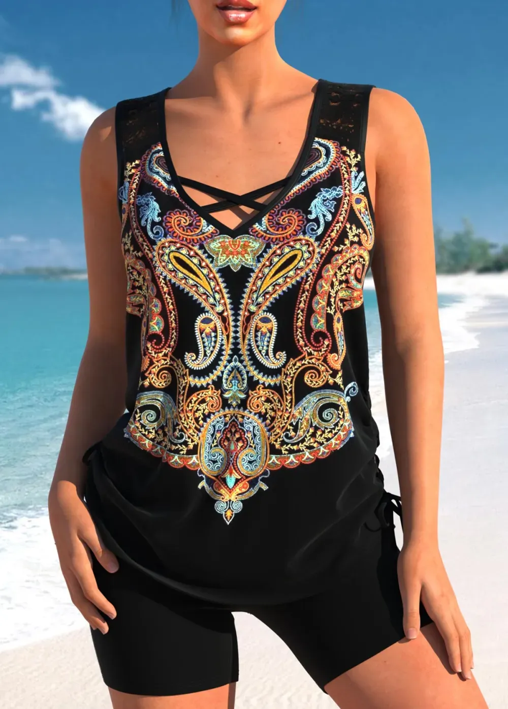 Floral Print Black Cross Strap Tankini Set