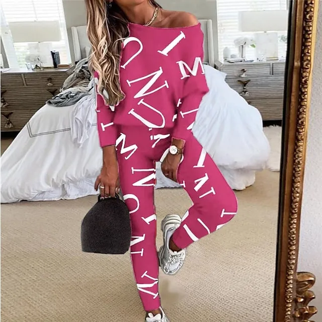 Women's Letter Print Lounge Sets Sweatsuit 2 Pcs  Crew Neck Long Sleeve Tops & Slim Pants Outfits Sport Comfort Home Street Vacation Polyester Off Shoulder Fall Winter S 2XL Black White