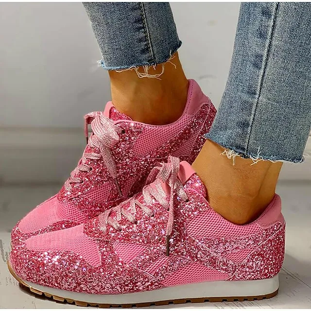 Women's Trainers Athletic Shoes Sneakers Sequins Plus Size Bling Bling Sneakers Outdoor Daily Summer Sequin Platform Flat Heel Round Toe Sporty Classic Casual Tennis Shoes Walking Mesh Lace-up Color