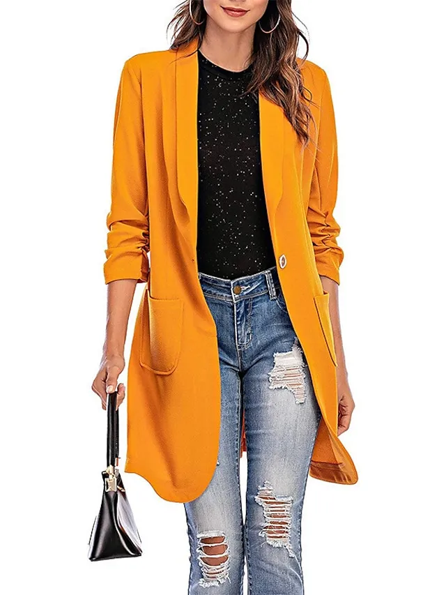 Women's Blazer Clean Fit  Casual Work Daily Fall Spring Long Coat Regular Fit Breathable Lightweight Sporty Casual Jacket 3/4 Length Sleeve Solid Color Black Pink Yellow