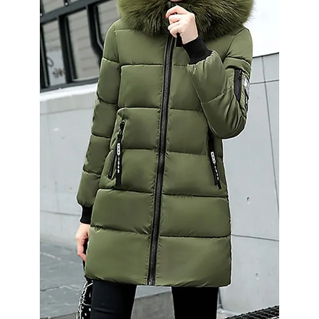 Women's Parka Long Puffer Jacket Windproof Thermal Warm Heated Coat with Pockets Winter Coat with Fur Collar Hood Long Sleeve Full Zip Black White Pink