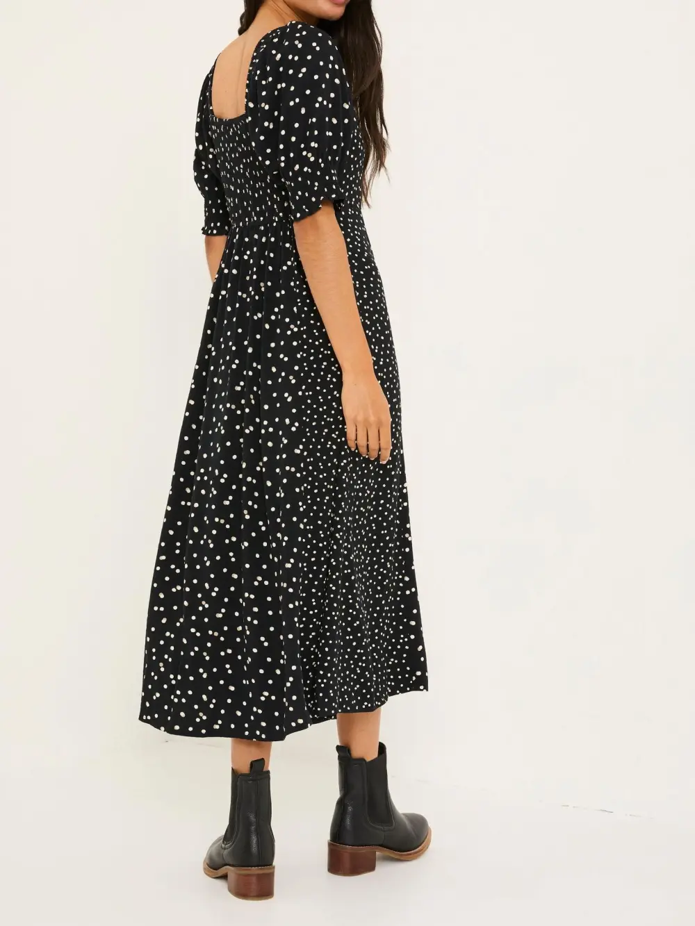 Black Bloom Polka Dot Midi Dress