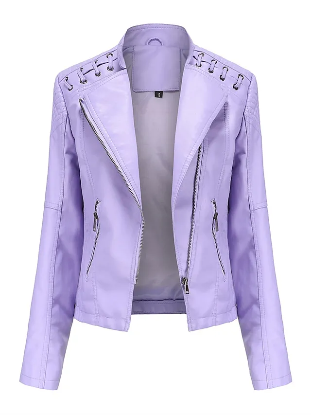 Women's  Faux Leather Jacket Moto Biker Jacket Fall Waterproof Windproof Coat Winter Zipper Lapel Modern Outerwear Long Sleeve Causal Vacation