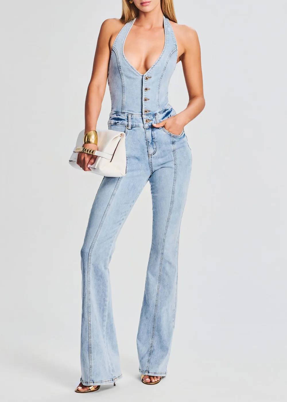 Deep V Neck Coated Denim Jumpsuit