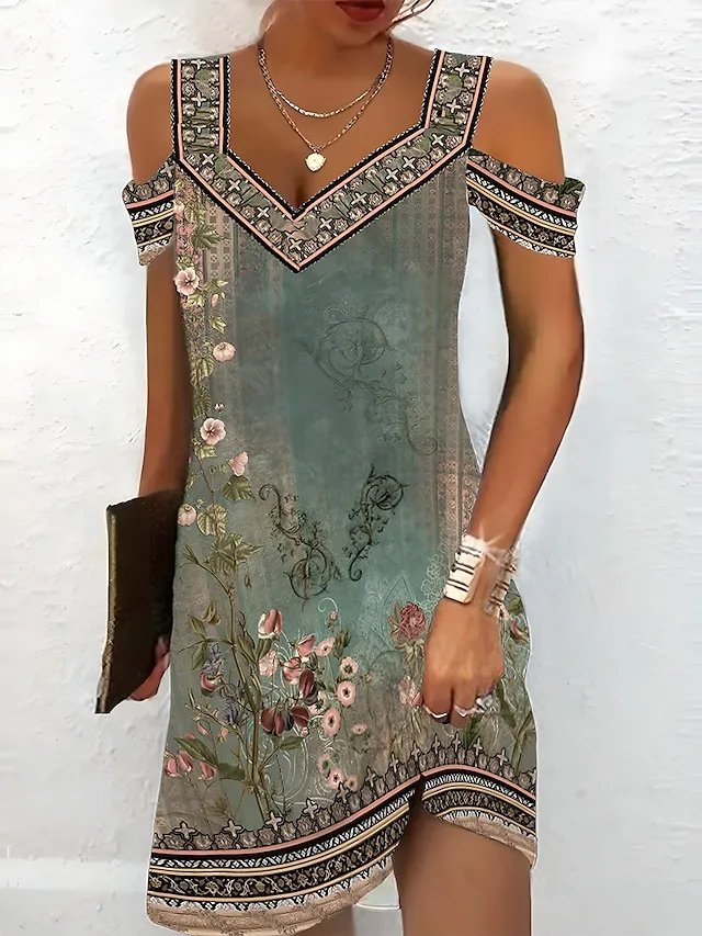 Women's Casual Dress Ethnic Dress Summer Dress Floral Tribal Cut Out Print V Neck Mini Dress Active Fashion Outdoor Daily Short Sleeve Regular Fit Red Blue Green Summer Spring S M L XL XXL