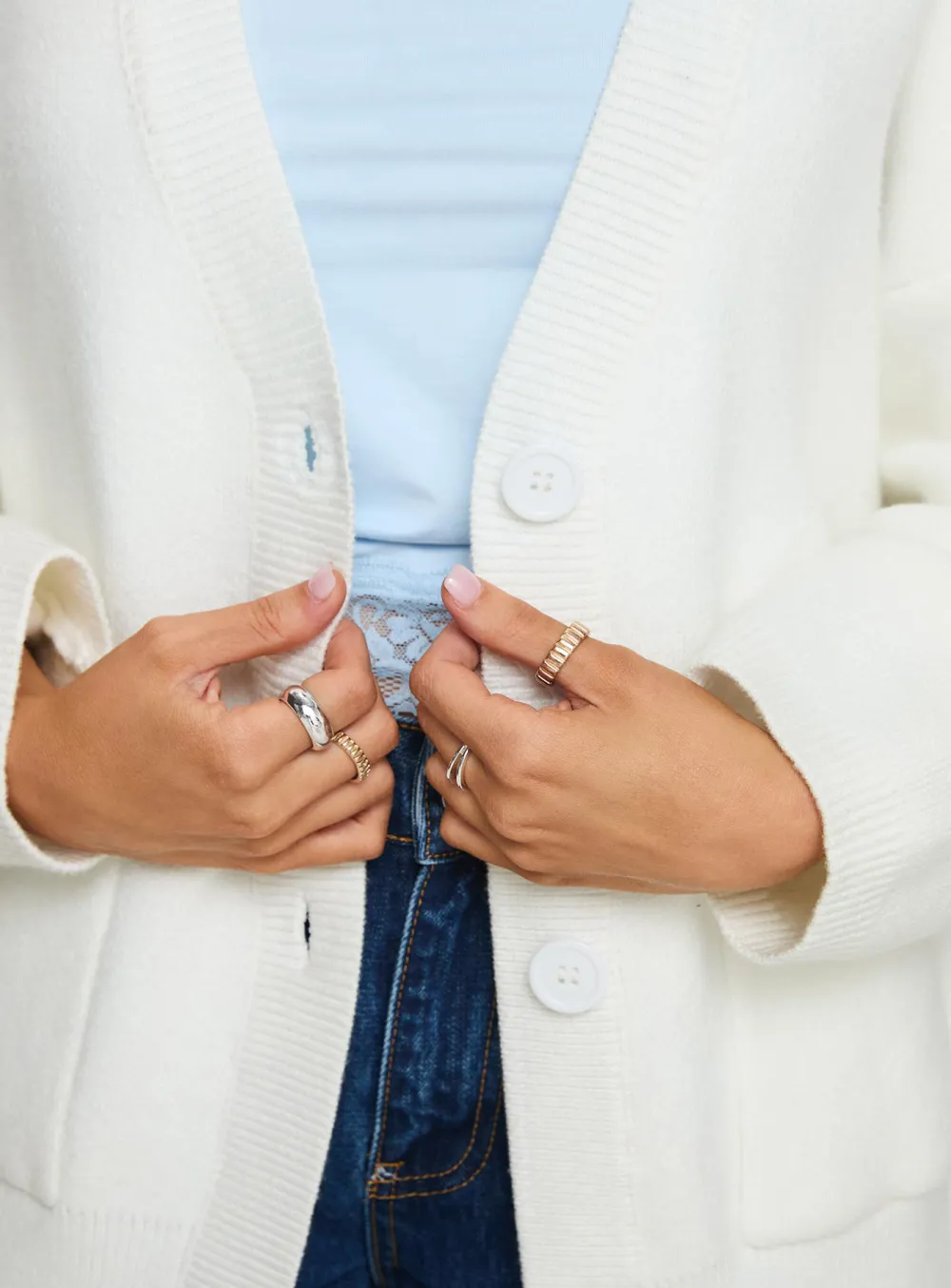 Deep Neck Cardigan White